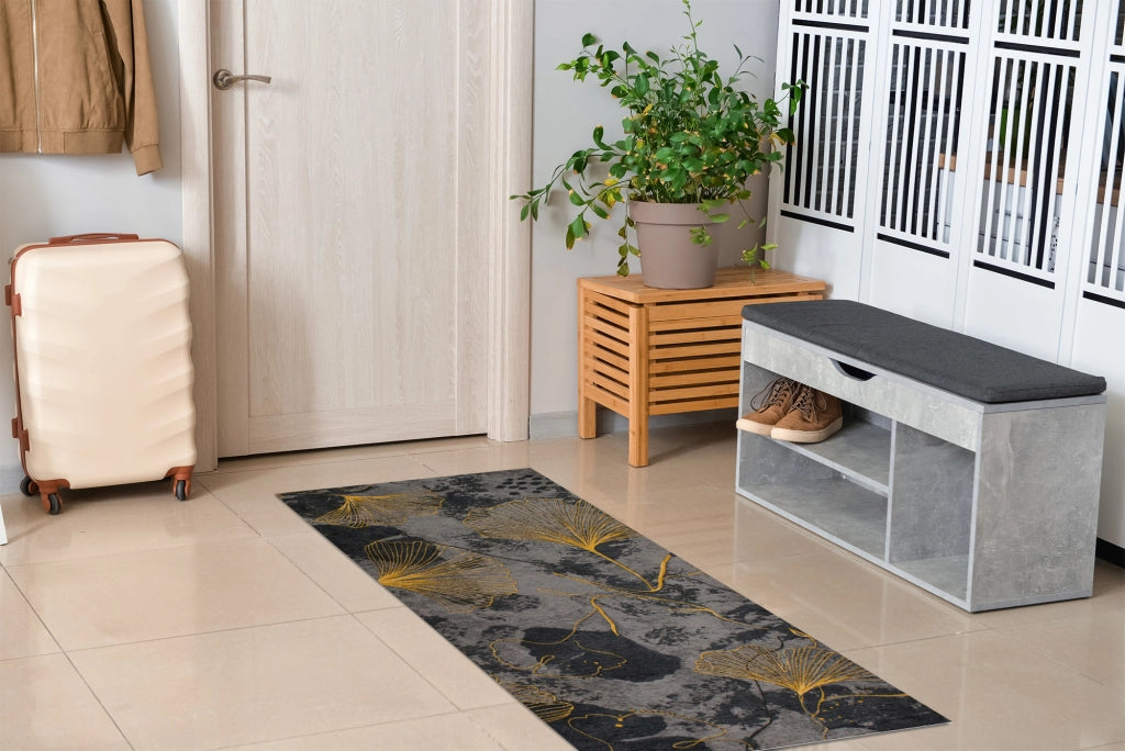Tappeto Arredo Moderno Morbido in Ciniglia Ingresso Antiscivolo Prodotto Italiano  Soggiorno Camera Salotto Disegni Piazzati Cotone Varie Misure Grande Ginko/Antracite - 175x280 cm