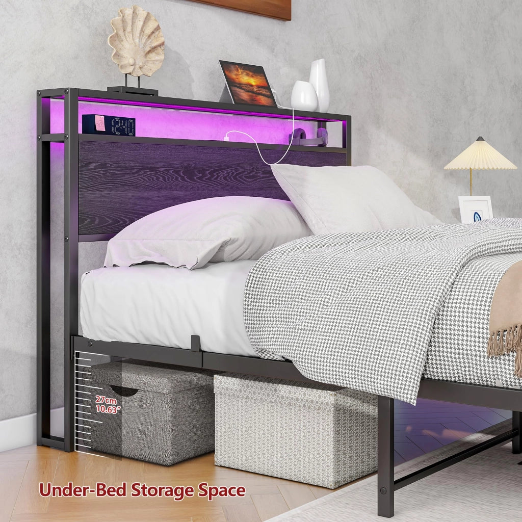 LETTO 120x200 cm in metallo e MDF nero con USB, presa e testiera con vani