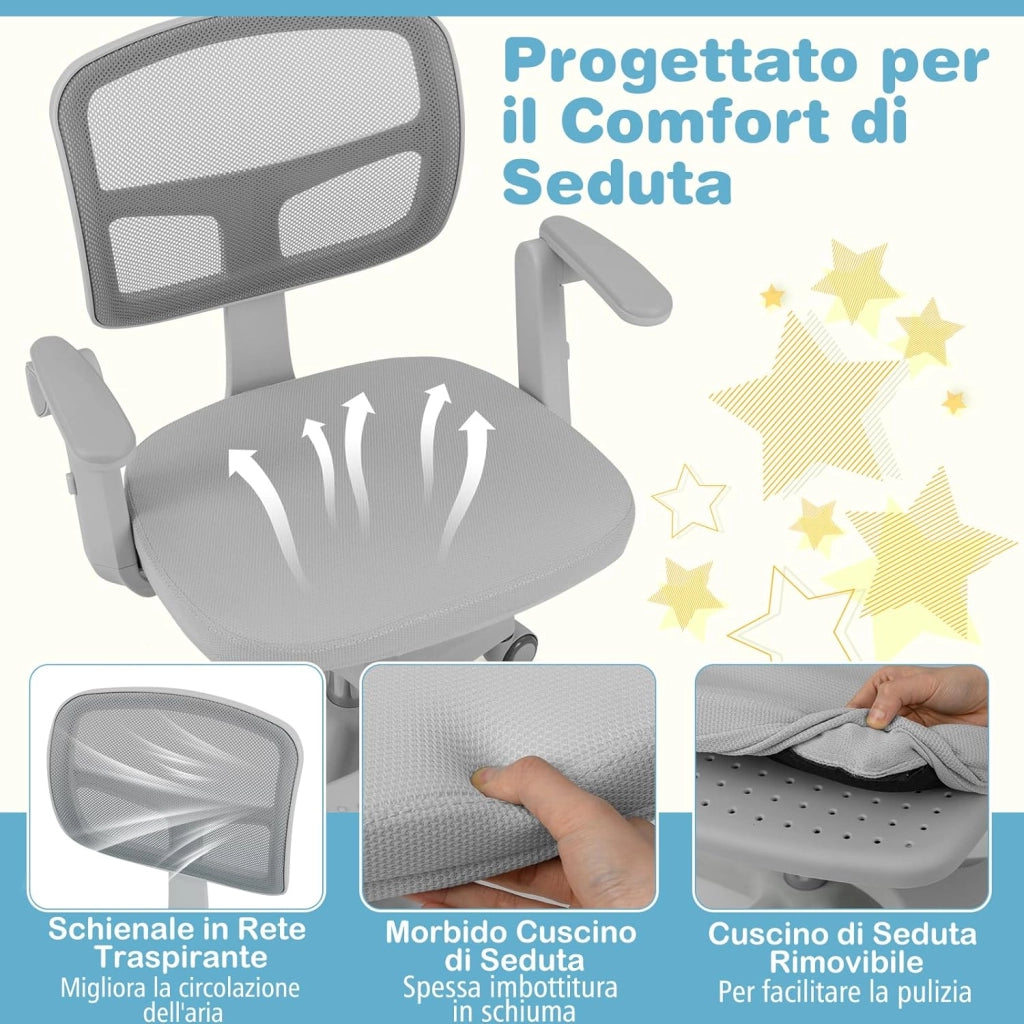Sedia da Scrivania Bambini Girevole, Altezza Regolabile, Sedia da Studio per Ragazzi con Braccioli a Ribalta e Poggiapiedi, Poltrocina in Rete per Bambini 3-15 Anni, Portata 150 kg (Grigio)