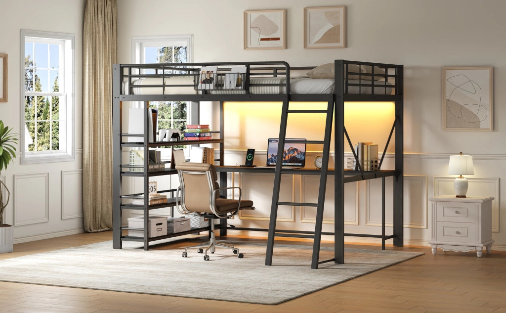 Letto a soppalco 140 × 200 cm con scrivania e ripiani in metallo e MDF nero LED e ricarica