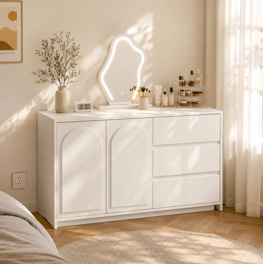 Toeletta 140x40x75 cm con specchio LED a 3 tonalit¨¤ e piano estraibile bianca