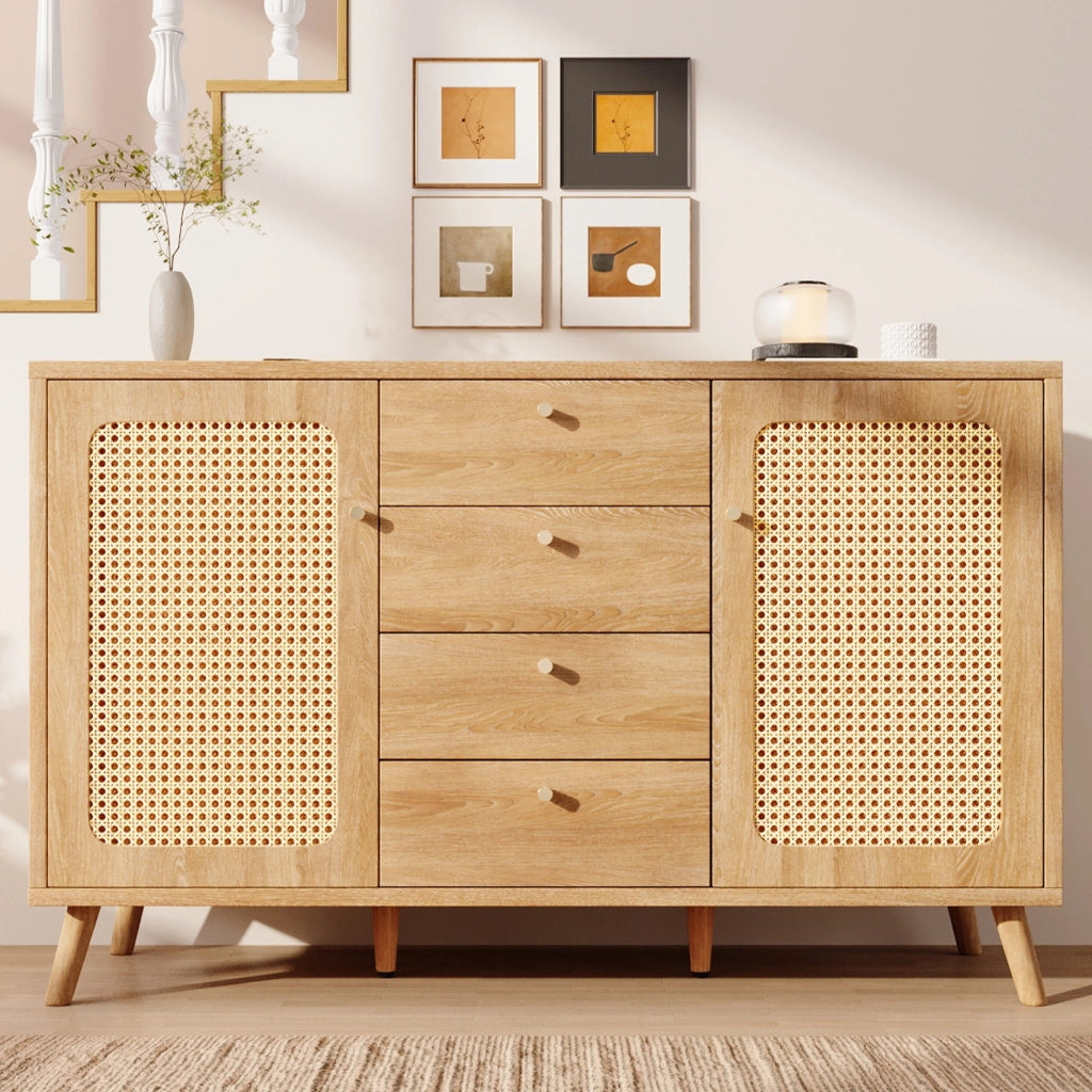 Credenza con 2 Ante e 4 Cassetti; Ripiani Regolabili; Stile Naturale; in Legno; 140??40??86 cm; Rovere Chiaro