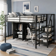 Letto a soppalco ULEVR 140x200 cm con armadio, scrivania, ripiani e scala con vani, nero
