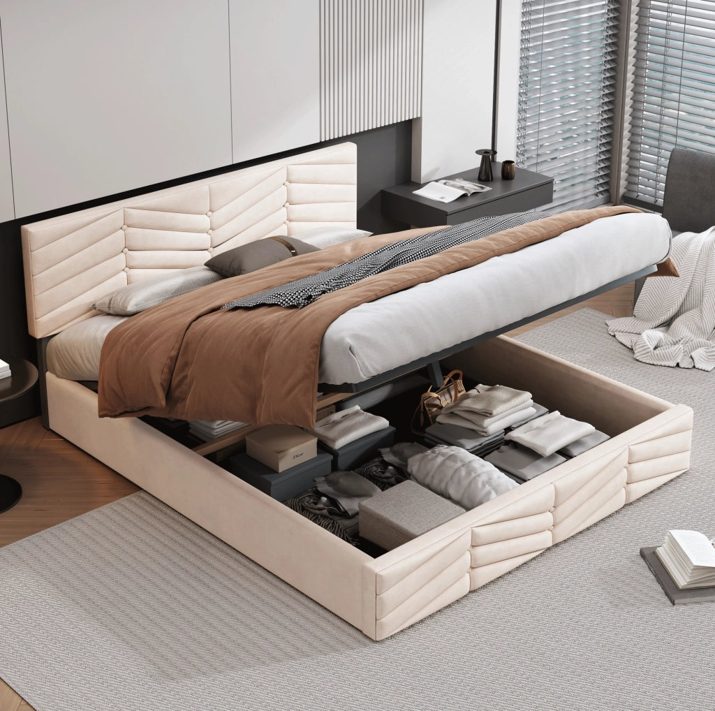 Letto imbottito 140x190 cm in velluto beige con testiera regolabile e rete a doghe