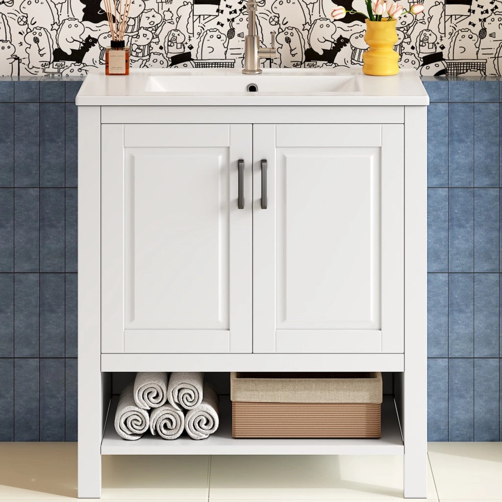 Mobile sottolavabo con lavabo in ceramica, 2 ante e vano aperto per bagno, bianco, 76,5 × 47 × 83 cm