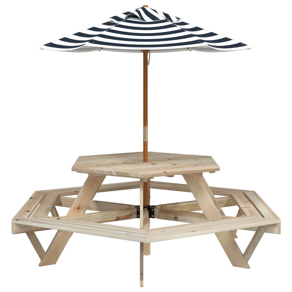 vidaXL Tavolo Picnic per 6 Bambini con Ombrellone Esagono Legno Abete