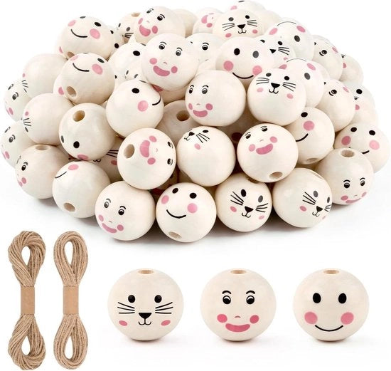 60 pezzi di perle in legno con faccia - 20 mm - manufatti a mano - decorazioni - accessori in legno con faccine