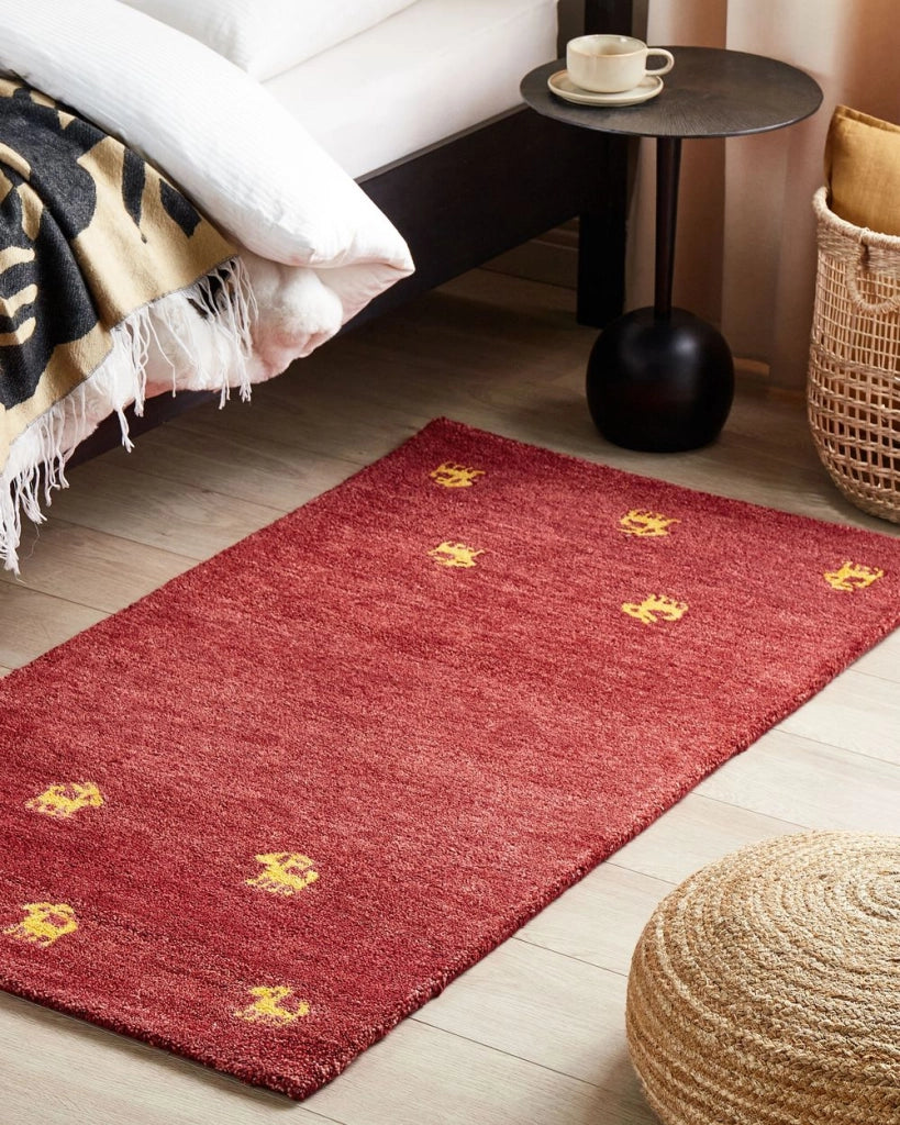 Tappeto Gabbeh di lana rossa fatto a mano con motivo animale 80 x 150 cm stile boho soggiorno camera da letto