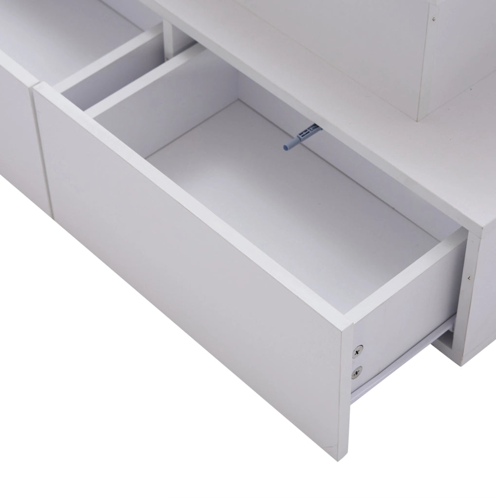 Tavolino da caffè LED in finitura bianco lucido 90x55x41 cm con 4 cassetti e vano contenitore