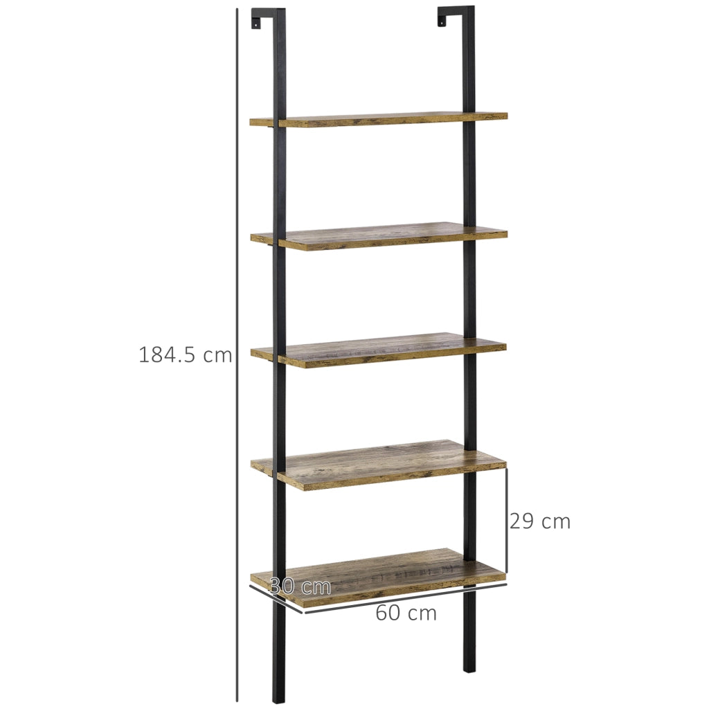 EasyComfort Libreria Moderna a Scala con 5 Ripiani e Dispositivo Antiribaltamento, Design a Muro, in Legno e Metallo, 60x30x184.5 cm, Marrone