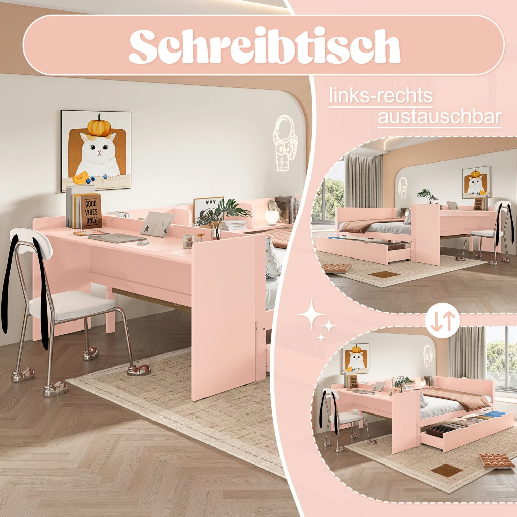 Letto basso con scrivania in pino e truciolare 140x200 cm