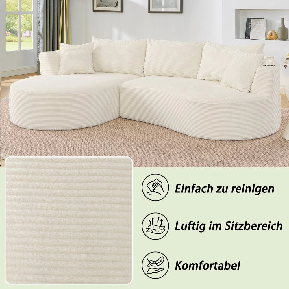 Divano 3 Posti con Chaise Longue Sinistra e Cuscini ¨C Xylo ¨C Beige, Tessuto a Coste, con Portabicchieri