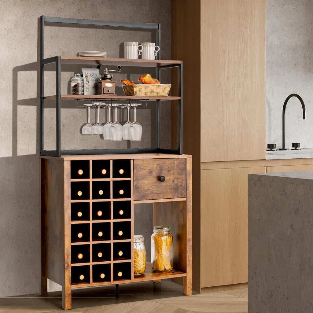 Credenza da Cucina per Vino, Mobile Bar con Ripiani a 3 Livelli, 18 Portabottiglie, Portabicchieri, Mobile Portabottiglie con Cassetto per Sala da Pranzo, Soggiorno, Marrone, 74 x 40 x 160cm
