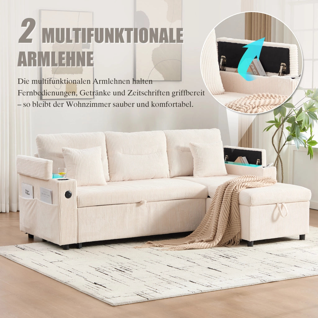 Divano modulare convertibile con letto estraibile chaise longue idraulica porta usb tipo c e vano in velluto beige