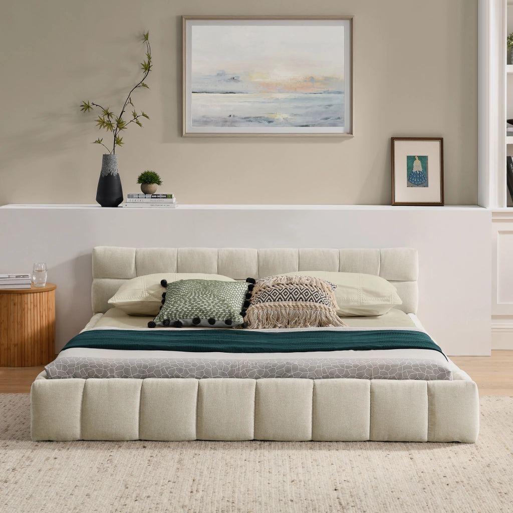 Letto Matrimoniale 140x200 cm in Chenille; Struttura in Legno e Ferro; Beige
