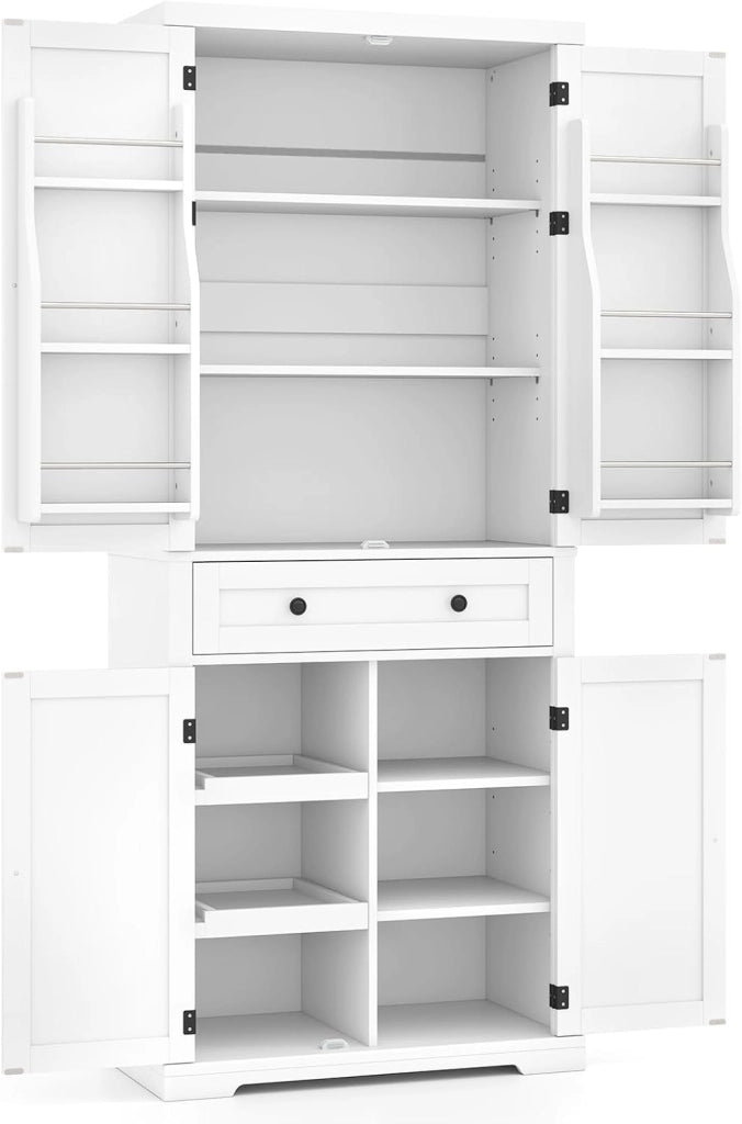 Armadio Alto 184 cm con 4 Ante, Cassetto e Ripiani Regolabili, Mobile Buffet con Scaffale Multiuso, Ideale per Cucina e Soggiorno, 77 x 40 x 184 cm