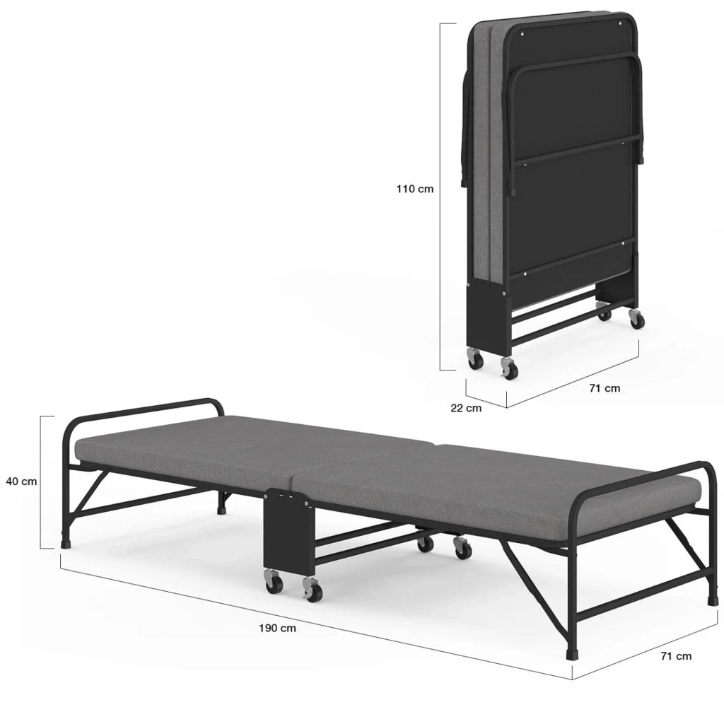 IDMarket - Letto supplementare in metallo pieghevole per 1 persona ZAK con base e materasso 70x190 cm grigio e nero