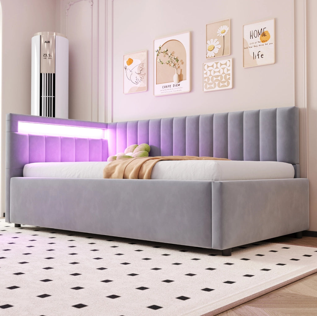 Letto imbottito 90x200 con LED, contenitore idraulico e rete a doghe