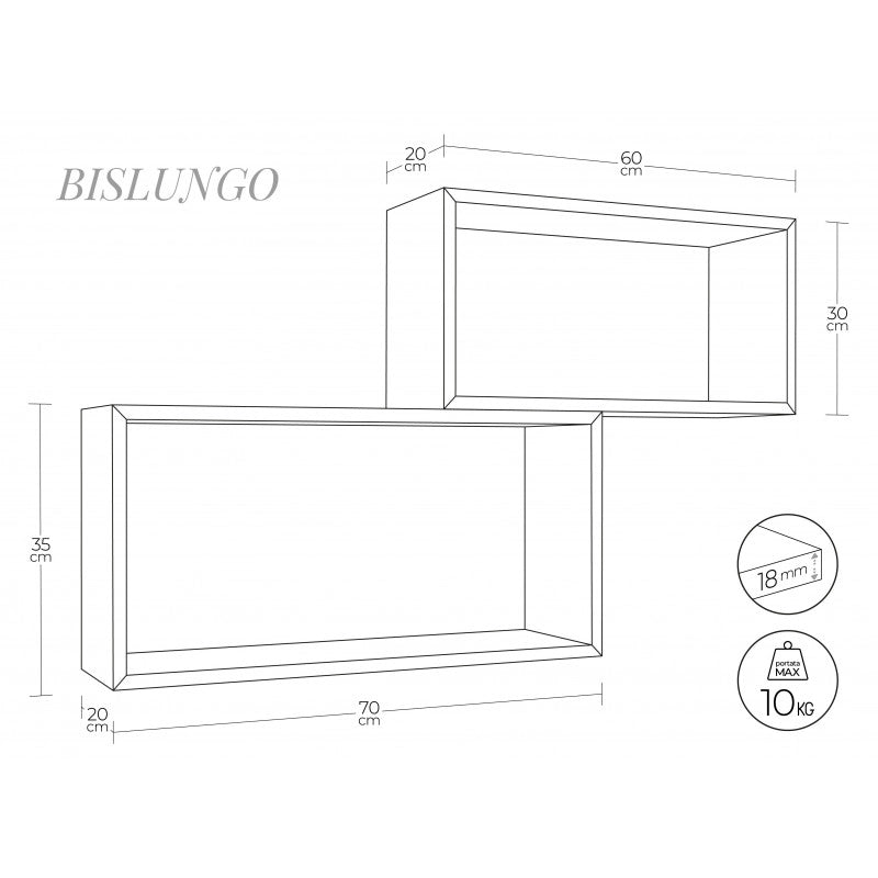 Set di 2 Mensole da Muro, Pensile Bagno, Mensola da Parete, Scaffale da Parete, Rosso, 70x35 p20 cm e 60x30 p20 cm - Bis Rettangolo Bislungo