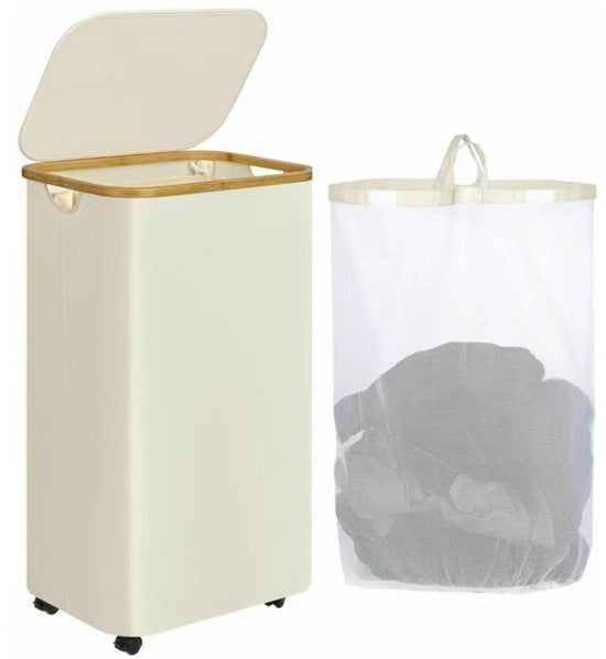 100L Wastino con coperchio - Con ruote universali - Wastino sottile - Cassetto di stoccaggio con grande capacità - Con sacchetto e maniglia rimovibili - Wastino pieghevole per bagno, camera da letto, dormitorio - 40,5x33x75cm