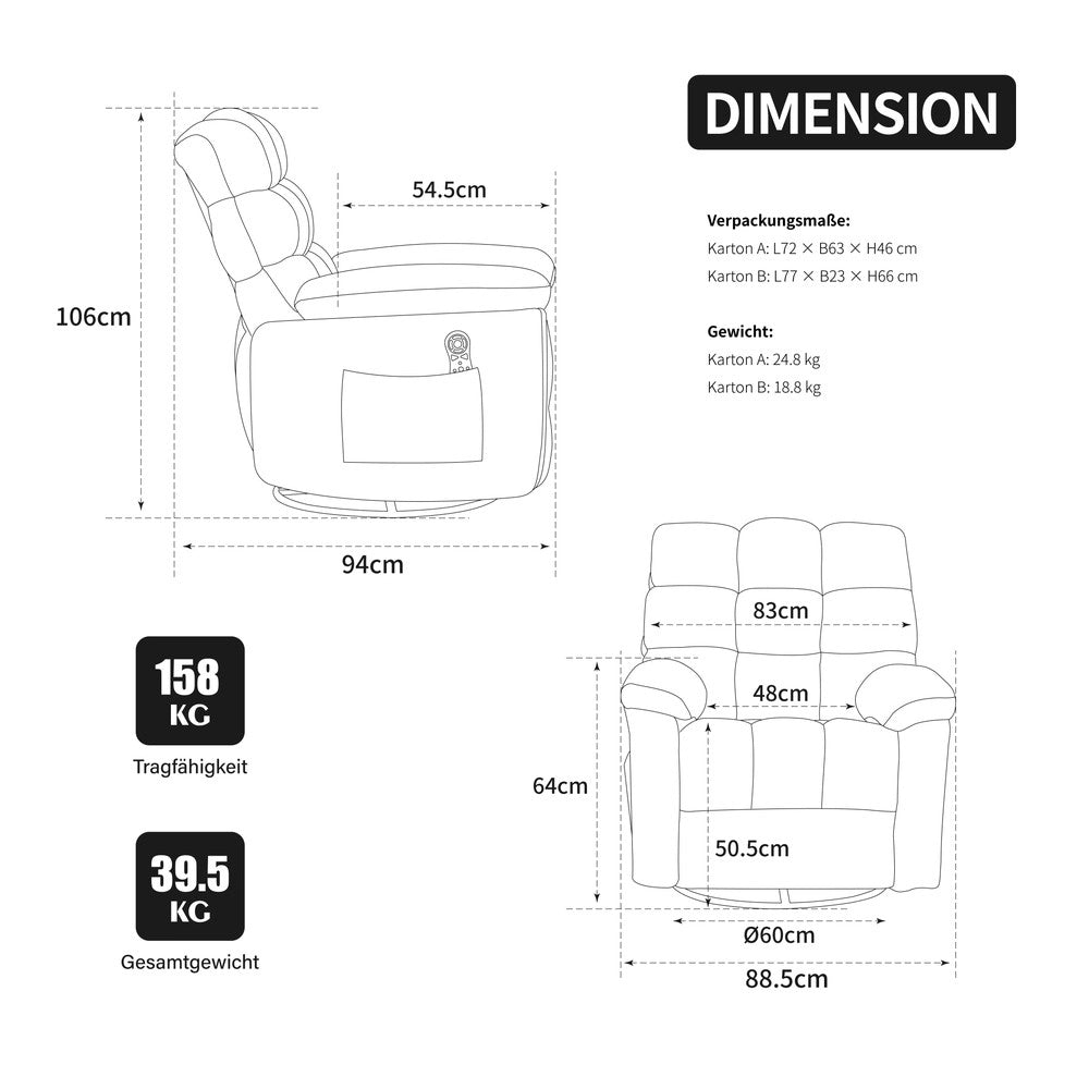Poltrona Relax Elettrica Girevole 360¡ã con Massaggio, Riscaldamento e Poggiapiedi ¨C MINIMAL ¨C Grigio