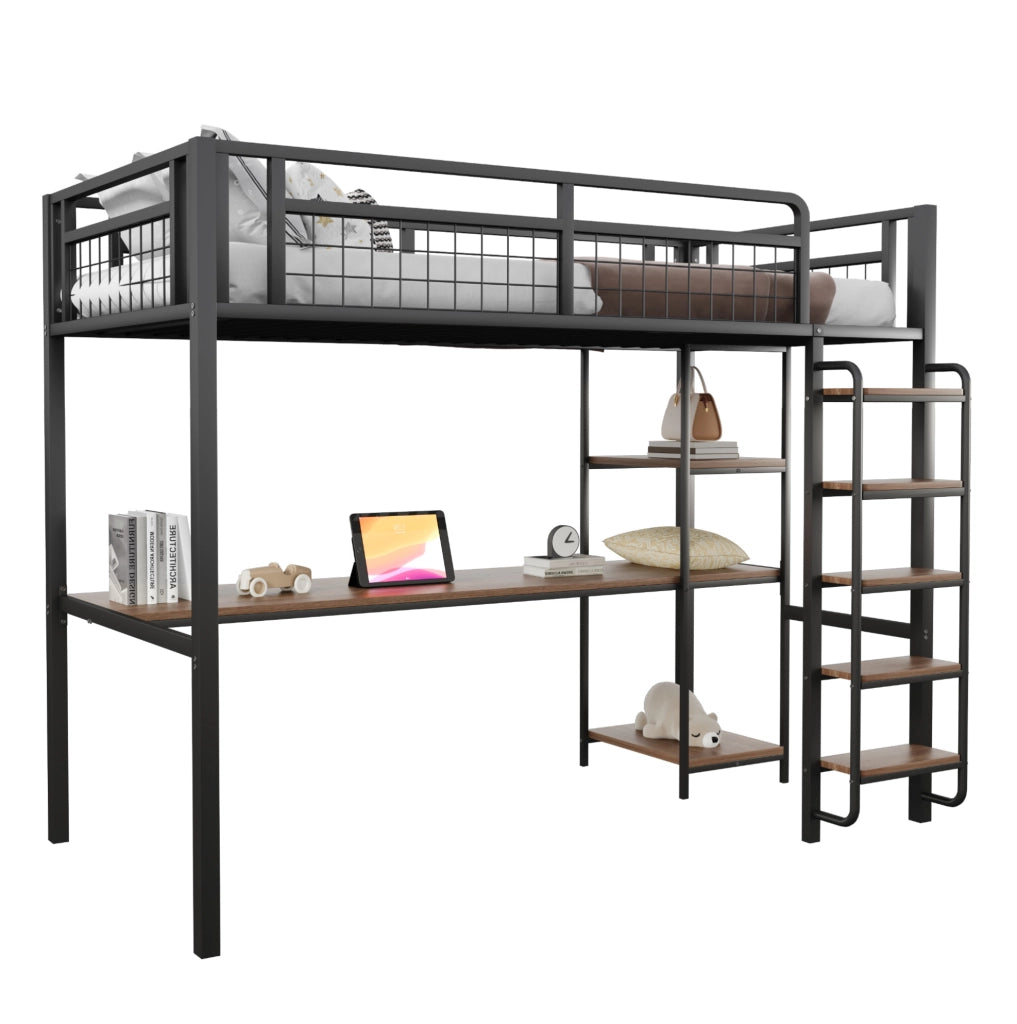 Letto a soppalco in metallo 90x200 cm nero con scrivania; ripiani e scala con gradini