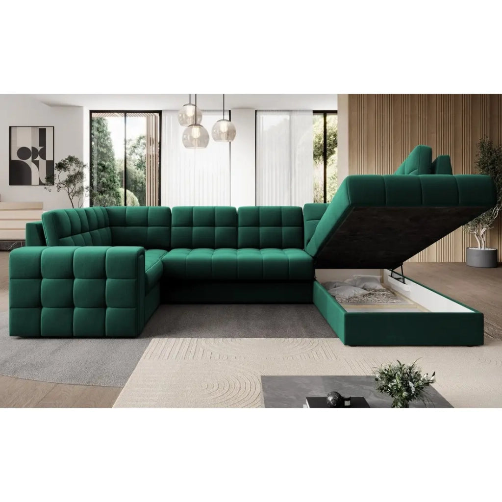 Divano ad angolo convertibile MONTEZA verde 299 cm con contenitore e letto