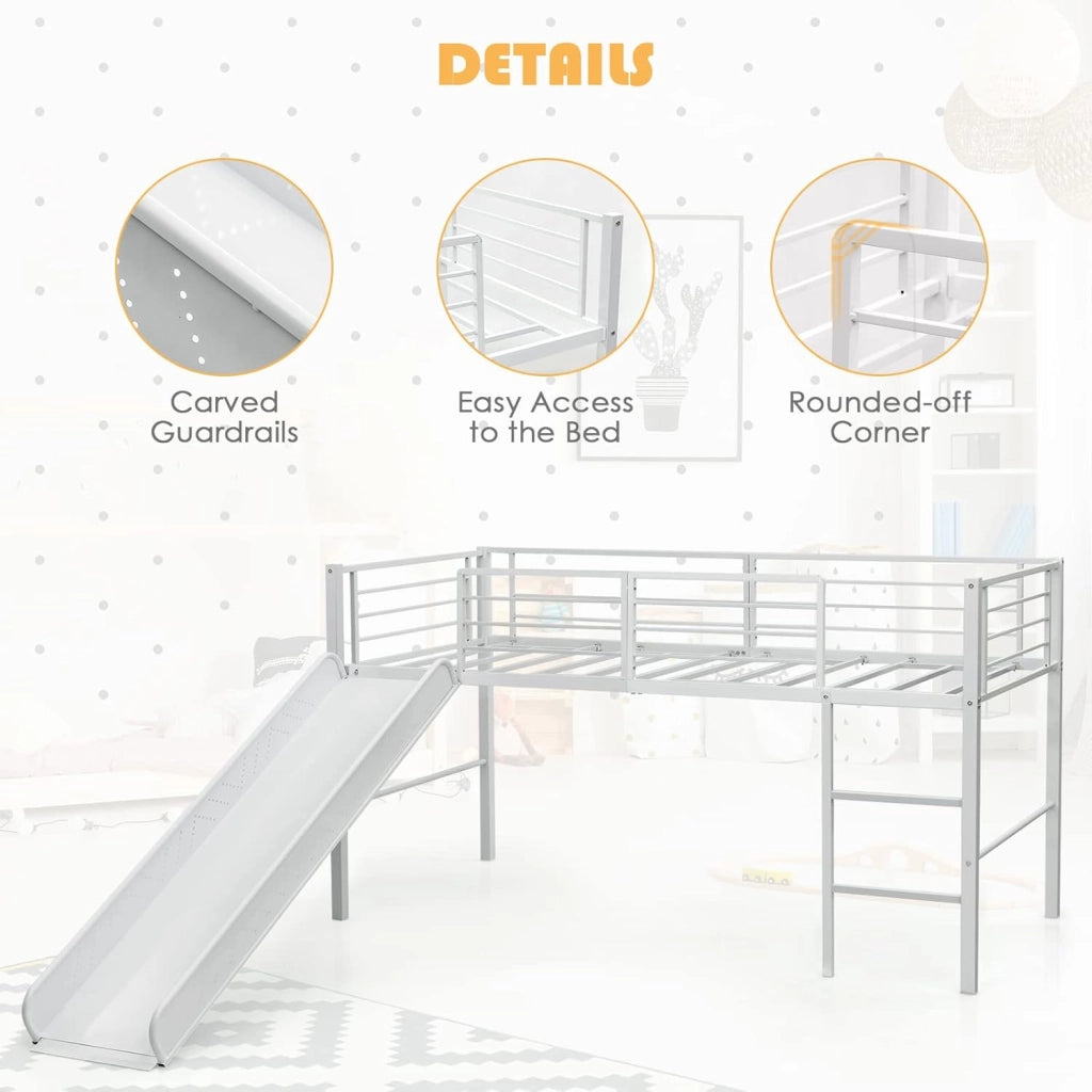 Letto a Soppalco per Bambini con Scivolo E Protezione Anticaduta e Scaletta, Struttura Letto in Metallo 96x198x109cm, Letto a Castello con Rete a Doghe, Fino a 150 kg (Bianco)