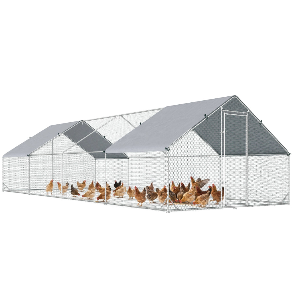 Pollaio da Giardino con Telaio Zincato, Copertura Impermeabile e Rete Esagonale, 3x8x2m, Argento