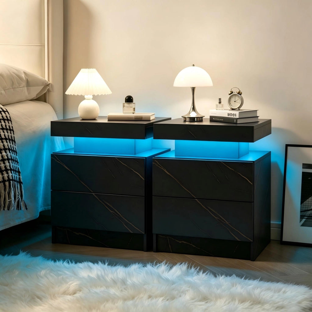 COMODINO LED Set da 2 pezzi Nero/Oro con 2 cassetti