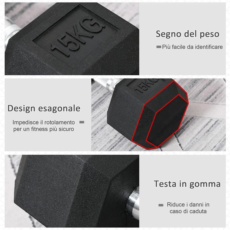 MANUBRIO 15 KG ESAGONALE CON IMPUGNATURA ANTISCIVOLO, IN ACCIAIO E GOMMA, Ø15.5 X 33.6 CM, NERO