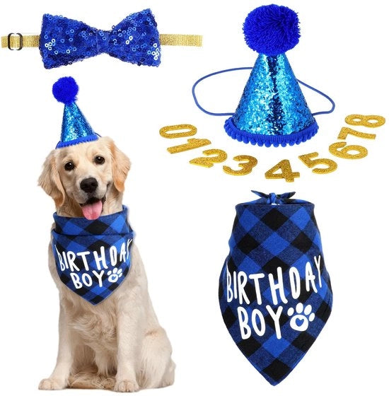 Set di bandana per cani da 4 pezzi - Festa di compleanno del cane - Cappello - Bandana a farfalla - Set di accessori per cani - Disegno festivo