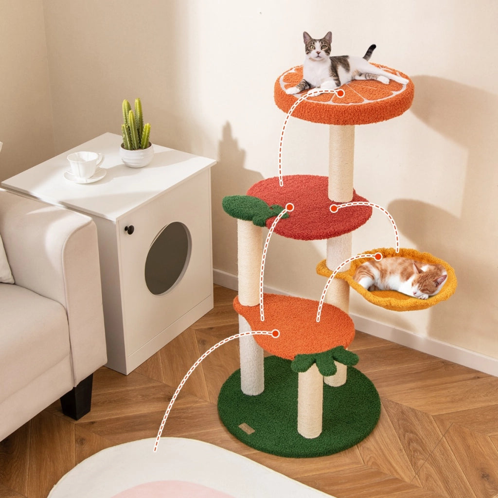 Albero per gatti con cesto rotante di mela e carota, Albero per gatti in stile frutta 99,5 cm Colorato