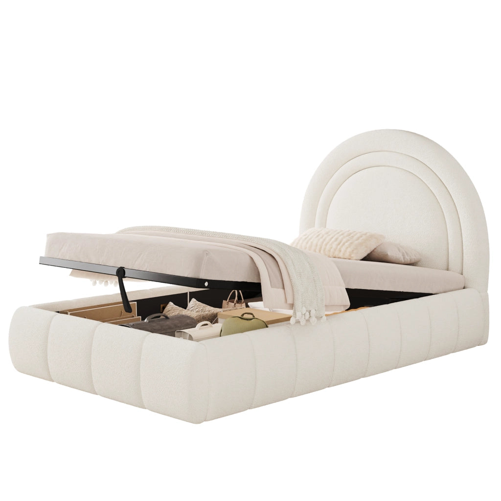 Letto singolo per bambini 90x200 cm con contenitore idraulico e rete; tessuto bouclé beige