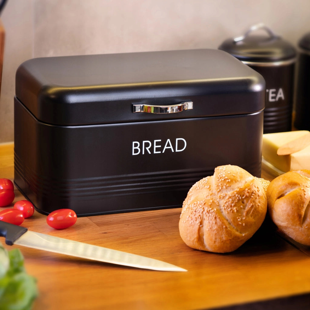 Contenitore per il pane KADAX in metallo nero, grande e moderno, ideale per panini e pane.