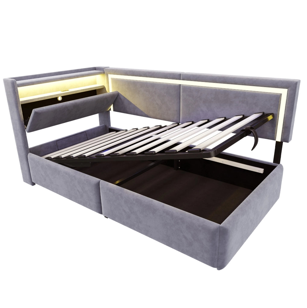 Divano letto imbottito 90x200 cm con contenitore; LED; USB e velluto grigio chiaro