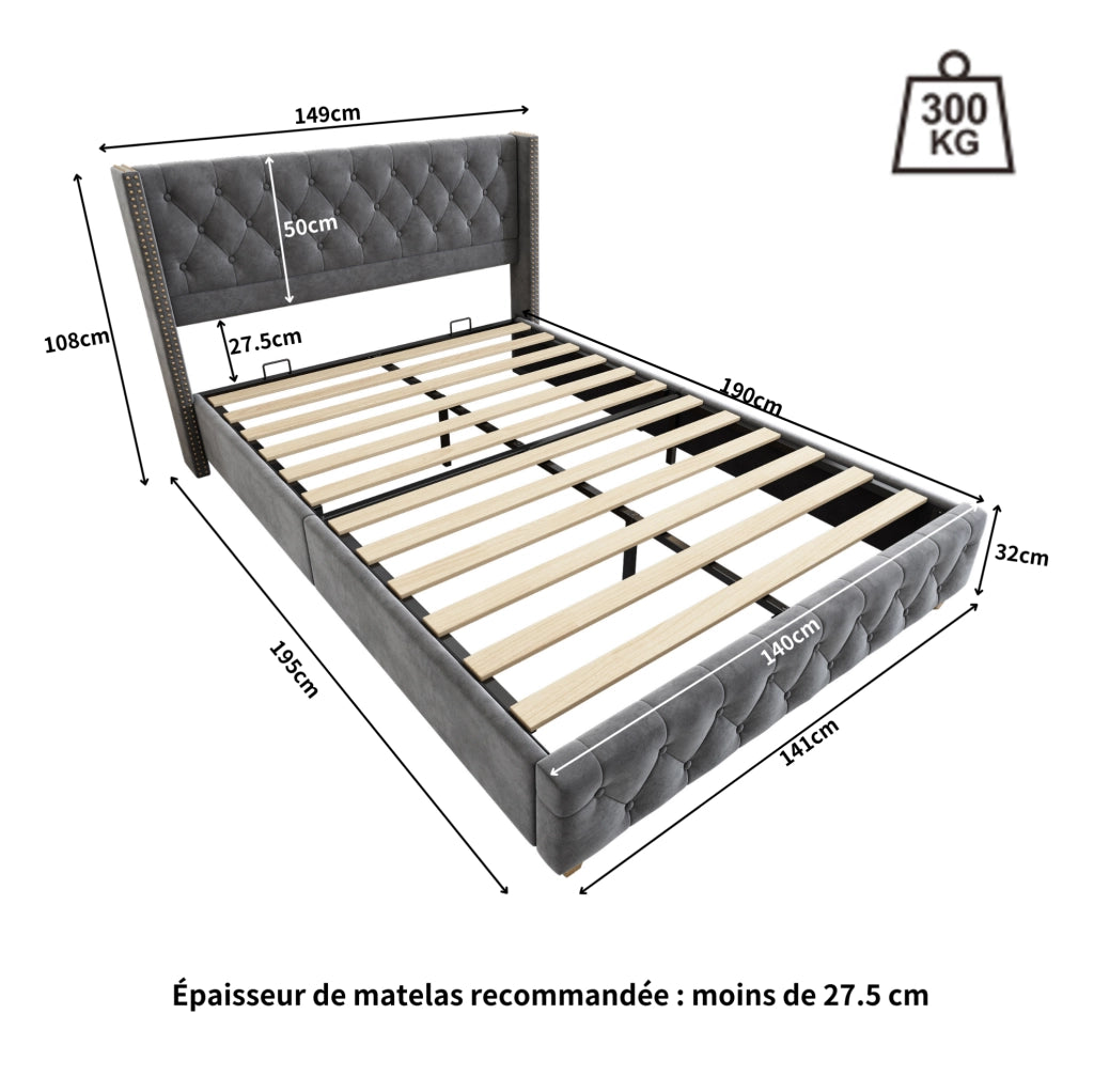 Letto imbottito 140x190 cm in velluto grigio con rete a doghe