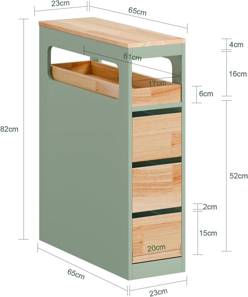 Mobiletto Bagno Salvaspazio con Ruote, Mobile Compatto con 3 Cassetti, per WC, Armadietto Bagno in Legno, Facile da Spostare, Verde, 65x24x82cm, BZR54-II-GR
