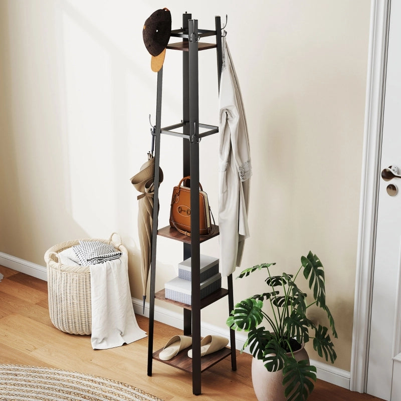 Appendiabiti da terra 2-in-1 con 8 ganci e 4 ripiani, stile industriale, 34,8 x 34,8 x 179 cm, marrone