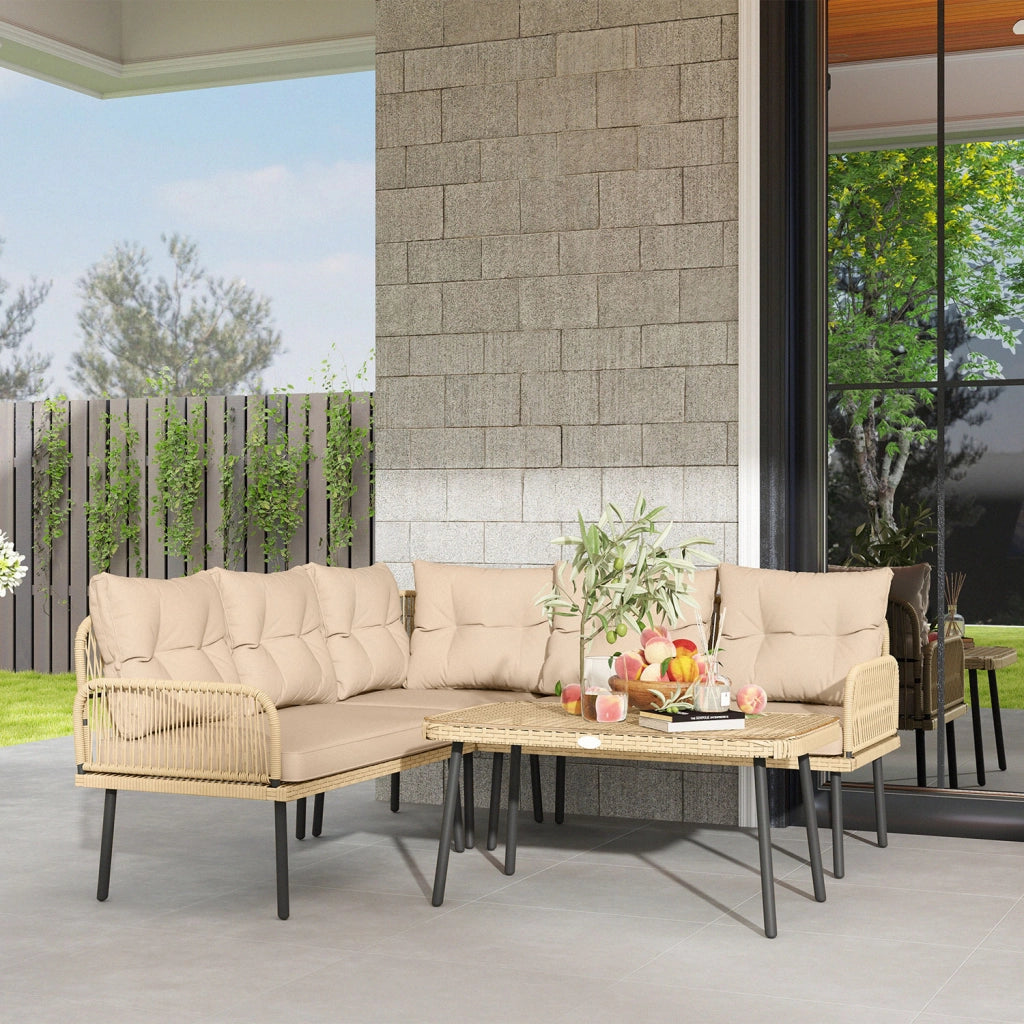 Set Salotto da Giardino 2 Divani Poltrona Angolare e Tavolino in Vetro in Rattan Colore Legno