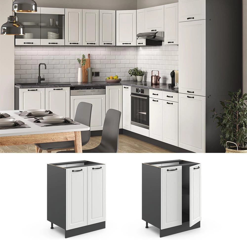 Mobiletto base cucina R-Line, Bianco casa di campagna, 60 cm senza piano di lavoro, per la libera combinazione all'interno di sistemi cucina modulari