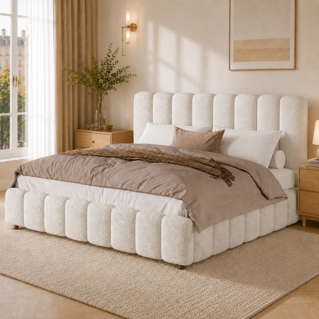letto imbottito bouclé bianco 196 x 218 cm