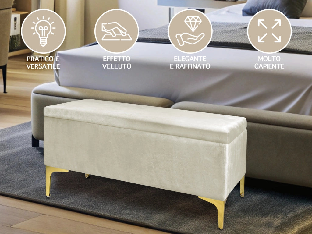 Pouf Panca Imbottita Divanetto In Velluto Contenitore PortaOggetti Panca Sgabello A Pie Di Letto Con Gambe In Metallo Dorato Cassapanca Ingresso Legno Massello Panchina  - Beige