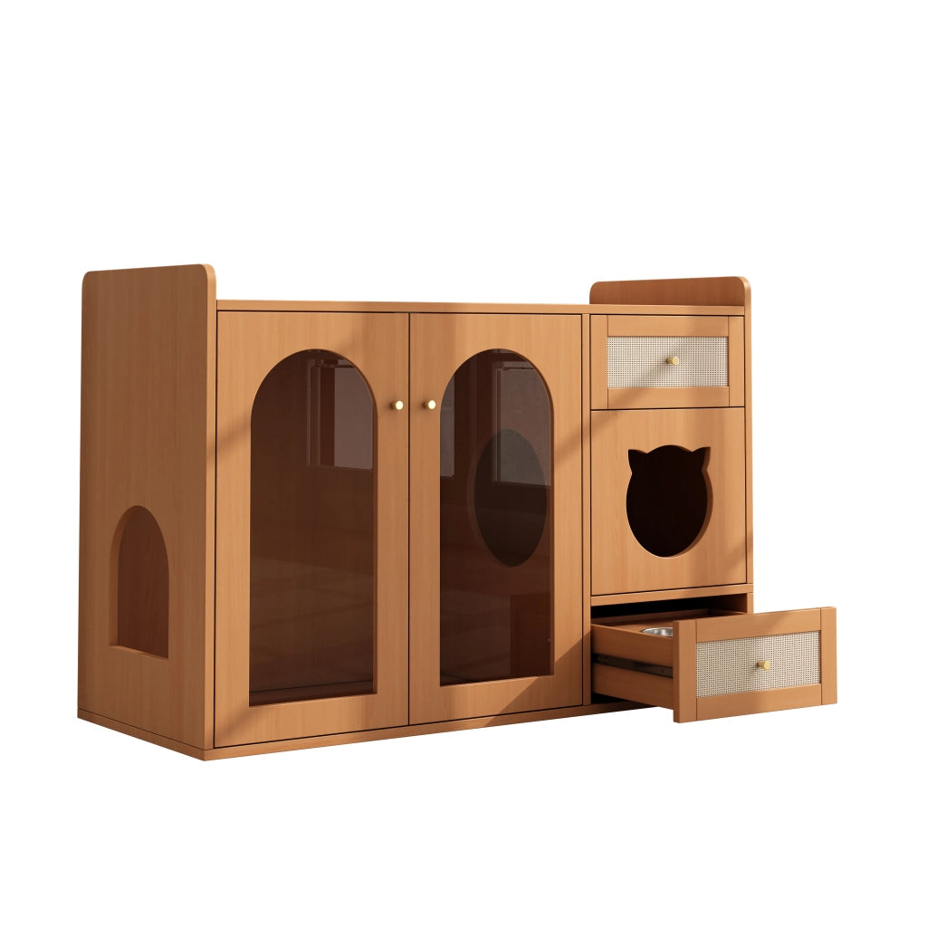 Mobile coperto per lettiera per gatti 5 in 1 con vano riposo e cassetto ciotole, in MDF e vetro, noce, 120 × 45 × 76 cm