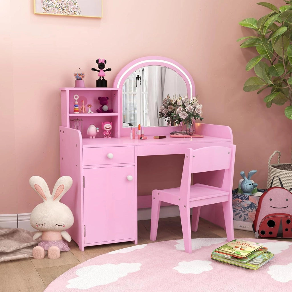 Toeletta Trucco 2 in 1 per Bambina, Specchiera per Ragazza in Legno con Mensole, Cassetto, Ripiani e Luci LED Regolabile, Postazione Trucco per 3 Anni, 80 x 40 x 94 cm (Rosa)