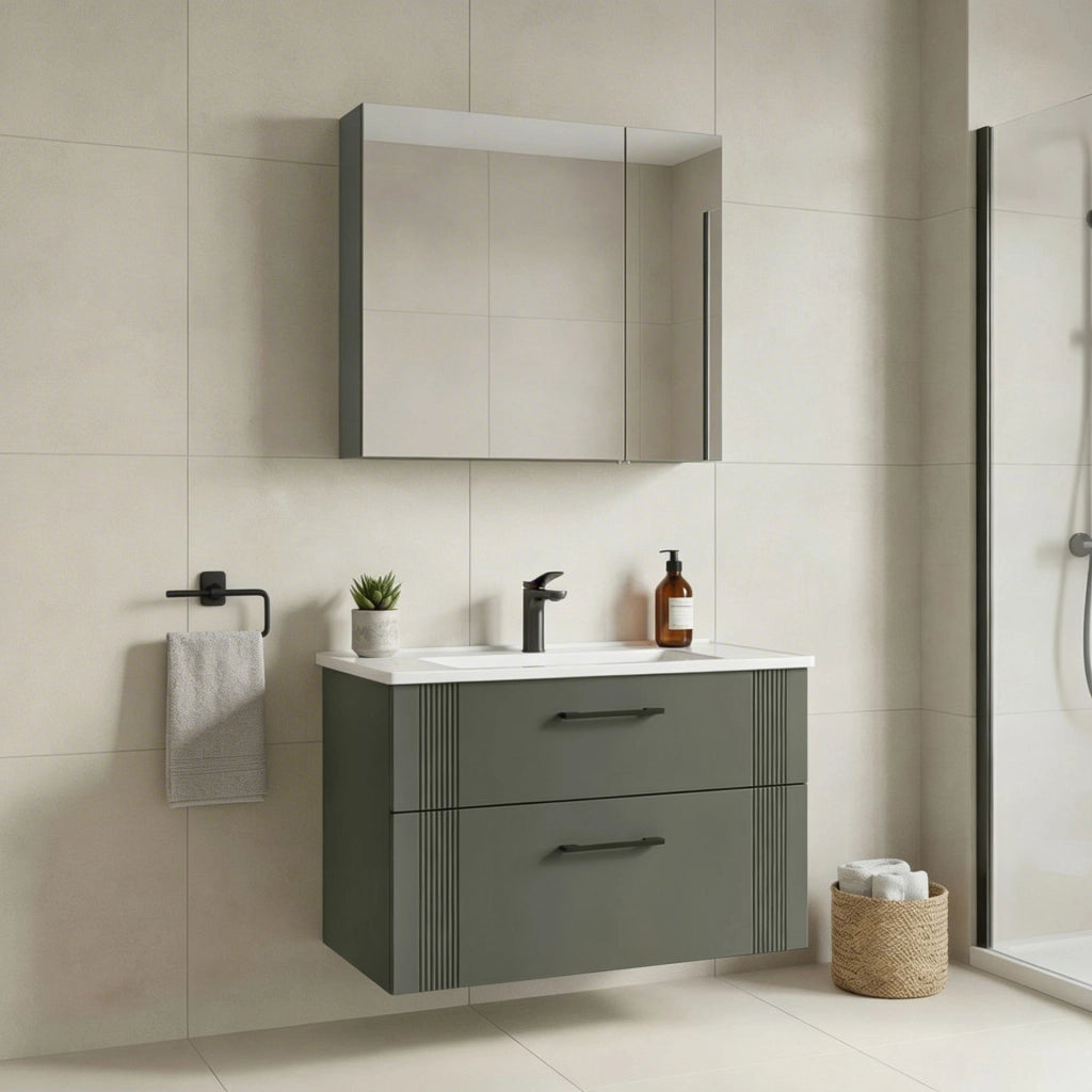 Set mobile lavabo con specchio (2 pezzi) "Bari 85 v2" - 85 x 45 x 55 cm - Verde opaco