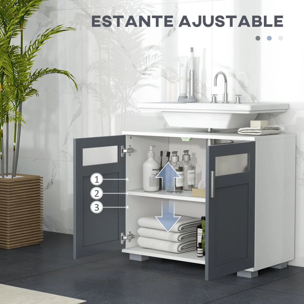 Armadietto Sottolavabo Bagno con Ante Vetro ¨C Zephmum ¨C 69x35x59 cm Bianco Grigio