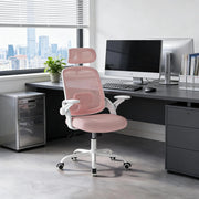 Sedia da ufficio ergonomica con schienale alto e funzione oscillante, poggiatesta regolabile e braccioli 3D in rete e metallo rosa