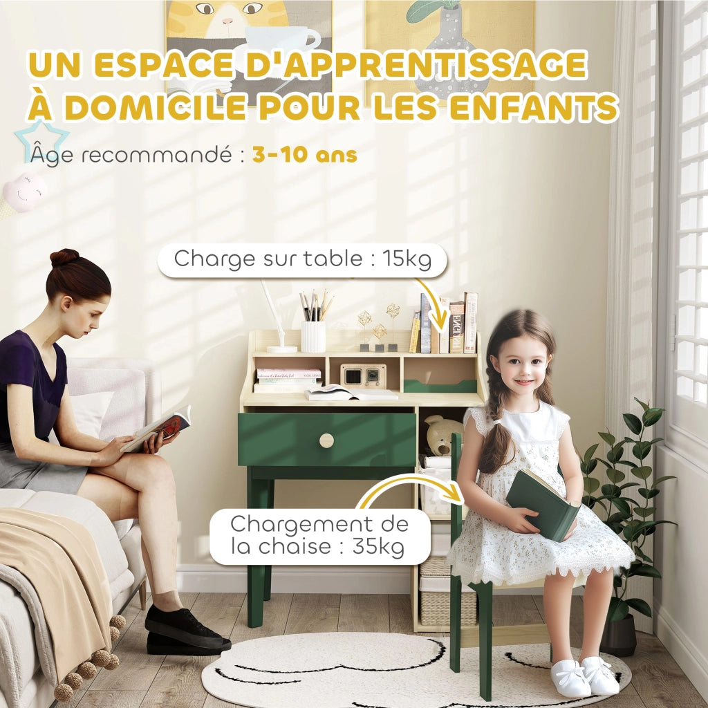Scrivania per bambini con sedia, scaffale e cassetto ¨C ZephMum ¨C Verde 90x50x75 cm
