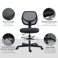 Sedia da Ufficio con Seduta Alta in Tessuto, Poggiapiedi, Altezza Regolabile 50-70 cm, Girevole 360°, Nero